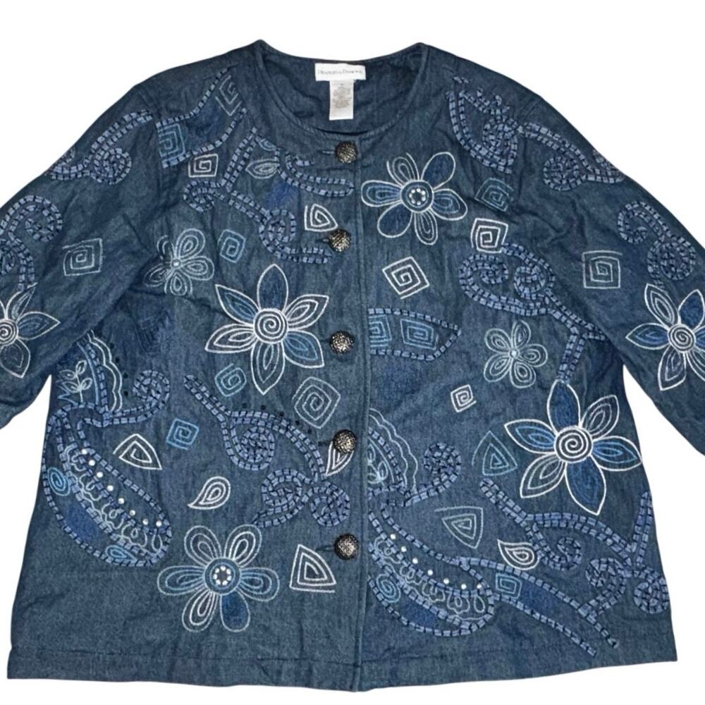 Drapers & Damons Denim Whimsical Floral Patchwork Artsy Embroidered Jacket XL